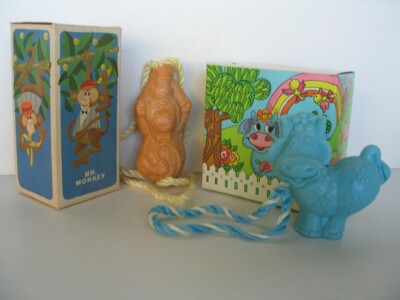 LOT OF 2 VINTAGE KIDS AVON SOAP ON-A-ROPE BLUE MOO 5 oz. & MR. MONKEY + BOXES