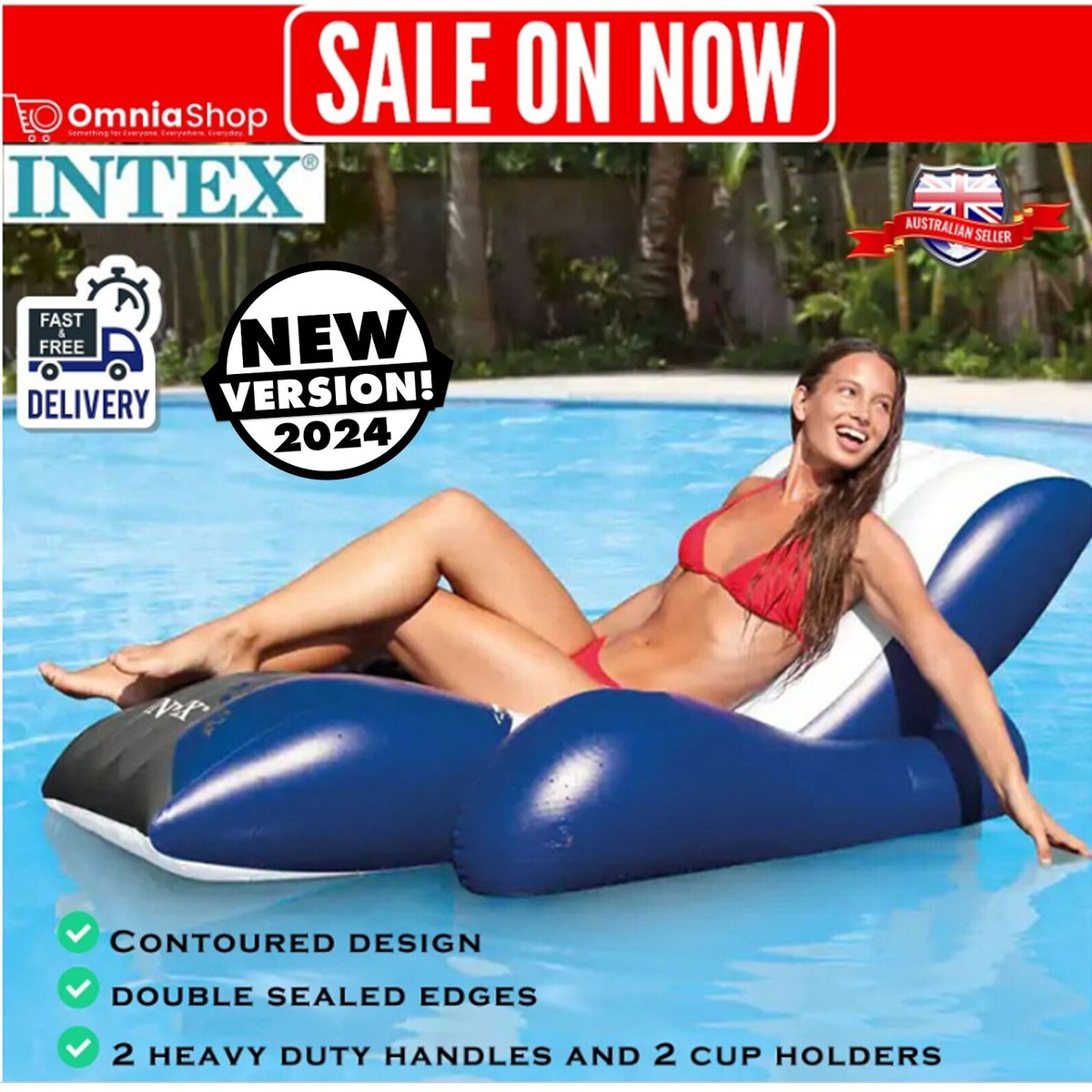 Intex Floating Recliner Lounge Inflatable Swimming Pool Beach with Cup  Holders
