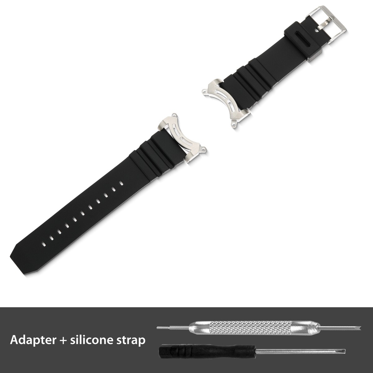 24mm Black Silicone Strap+Silver Adapters for Citizen Eco-Drive