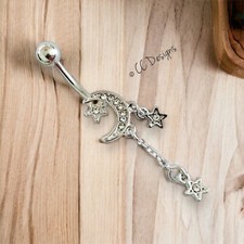 14g sparkle white cz crescent moon dangle stars belly button ring (B7)