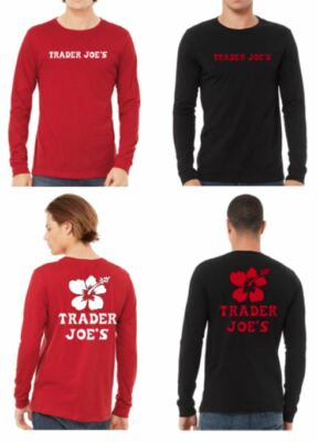 Trader Joe's Long Sleeve T-Shirt BELLA + CANVAS Jersey Cotton Tee Black, Red
