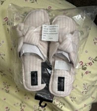 CUDDL DUDS Rib Velour Pink  White Stripe Slippers Slides MEDIUM 7/8  34 NWT 