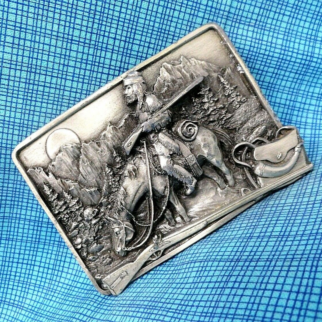 Mountain Man Belt Buckle Man Musket Horse Trees Sun V… Gem