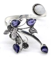 925 Sterling Silver Moonstone & Amethyst Gemstone Jewelry Cuff Bracelet Size-ADJ