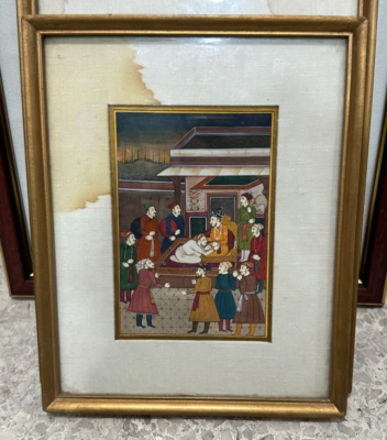India Miniature Painting Of Mughal Court Scene With Frame Vintage