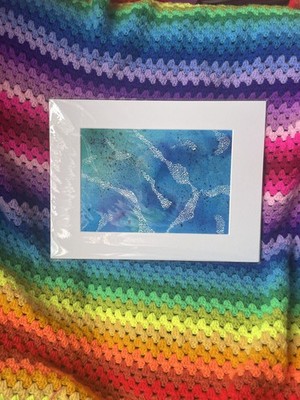 BLAU UND GRÜN Original Abstraktes Aquarell Bunt A4 Weiß Montierung