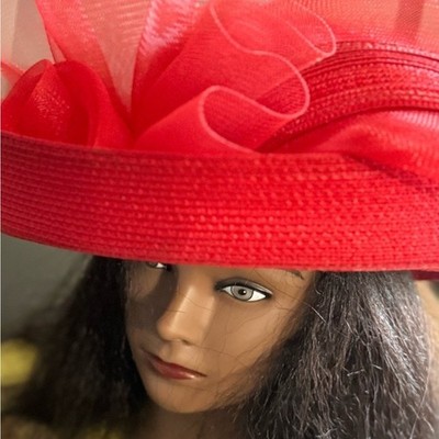 Deborah New York Red Church Hat Wide Brim Mesh Ruffle Formal  display picture 2