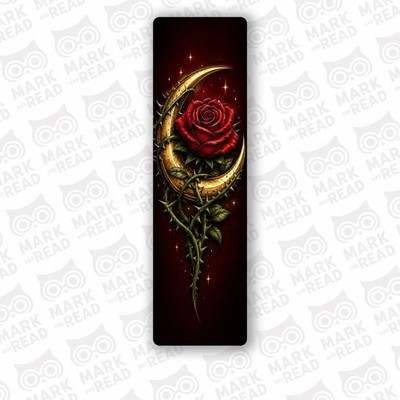 Gothic Rose & Crescent Moon Bookmark Laminated Glossy 2x7 Handmade Fantasy