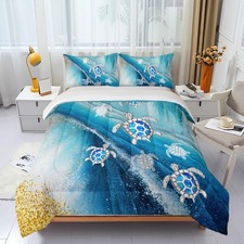 3 Piece Marble Turtle Comforter Sets Twin Size,Blue and Gold Bedding Set for ...