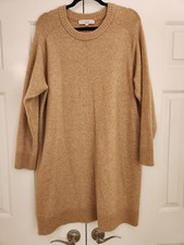 Large LOFT Cozy Long Sleeve Sweater Dress Tan Light Brown Round Neck Knee Length