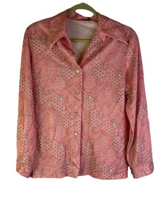 Vintage 70s Rockabilly Disco Button Shirt Womens Medium Pink Paisley Knit