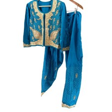 Handmade Blue Ornate Gold Embroidered Sequin Indian Salwar Kameez Suit Set