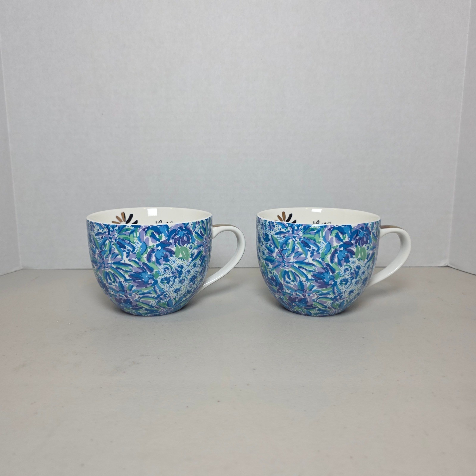 Lilly Pulitzer Floral Coffee Mugs Set of 2 Blue Green Gold Handle Ceramic Cups