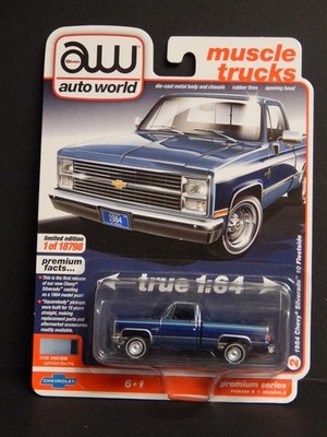 1984 Chevy Silverado Fleet side Blue On Blue Square Auto World 1/64 MIP 2017