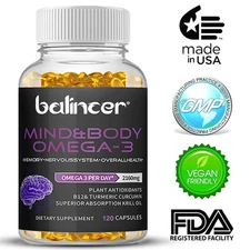 Krill Oil 1200 Mg W/ B12&Turmeric Curcumin Improve Memory Attention 120 Caps