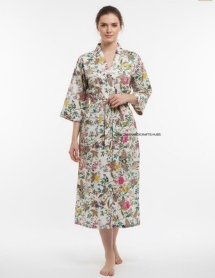 Hand Block Print Floral Kimono Robe, Cotton Bathrobe, Lightweight Cotton Robe