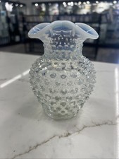 Fenton White Opalescent Hobnail Vase Ruffled Edge 5" high