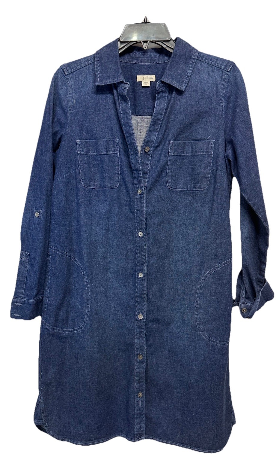 J. Jill Dress Blue Denim Stretch Cotton Roll Tab Pockets Long Sleeve Size XS
