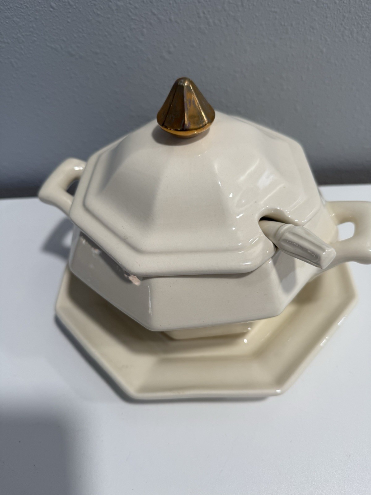 Vintage Off-White Ceramic Soup Tureen Bowl With Underplate, Lid and Ladle. thumbnail 2