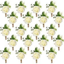 20 PCS White Rose Boutonniere Men Wedding Groom Corsage Prom Floral Accessory