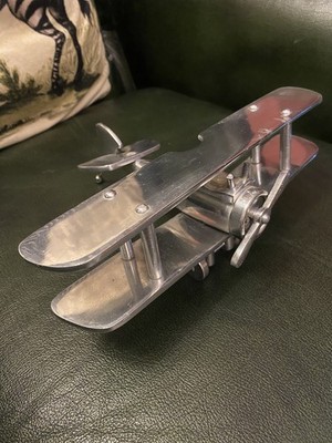 SELTENES VINTAGE ZWEIFLUGZEUG POLIERT CHROM ALUMINIUM MODELL 25x16cm FLUGZEUG ORNAMENT