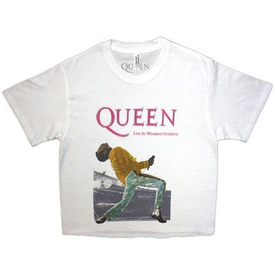 Queen Damen Crop Top: Wembley Stadium Magenta Logo (weiß) OFFIZIELL NEU