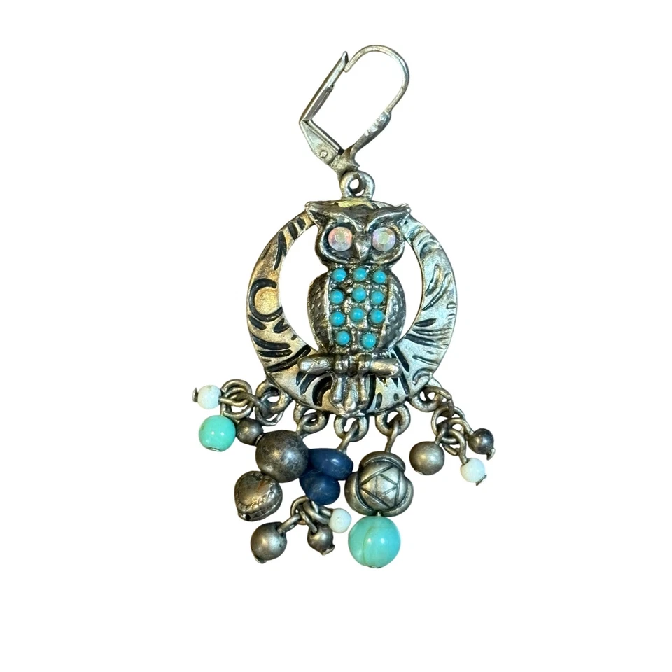 Pendientes colgantes vintage tono plata búho turquesa cuentas palanca trasero boho chic Foto 2 de 4