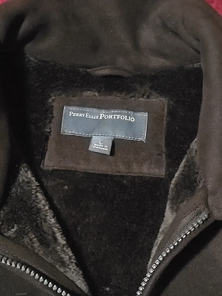 Perry Ellis Portfolio Men’s L Brown Faux Suede Faux Fur Lined Jacket Coat - Image 2 of 4