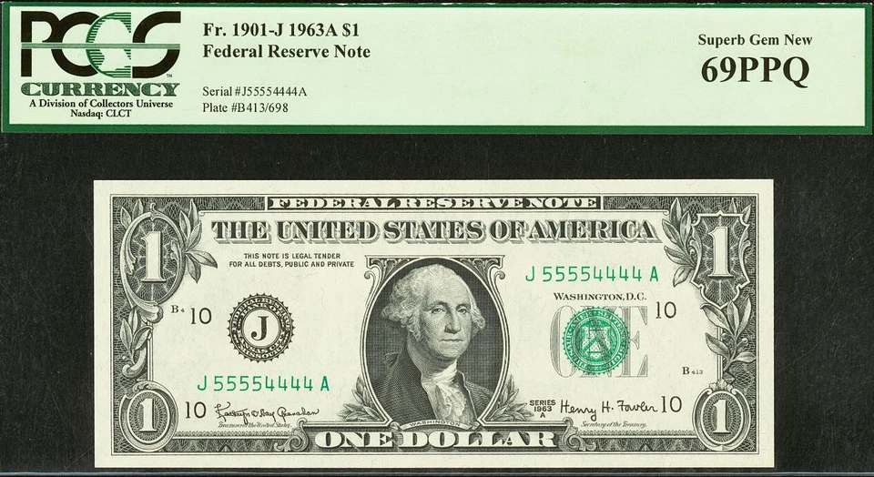 1963A $1 Federal Reserve Note PCGS 69PPQ Top Pop 1/0 Double Quad Serial 55554444 - Image 3 of 4