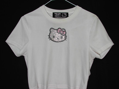 New Hello Kitty x Forever 21 White Velour Crop Top Embellished Shirt Flaw Sz L