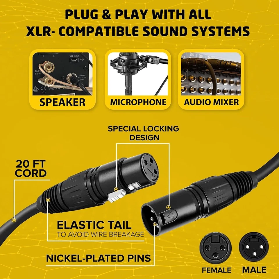 XLR Male to Female Microphone Cable Balanced 3 Pin Mic Connector Extension Cord - Image 4 of 4