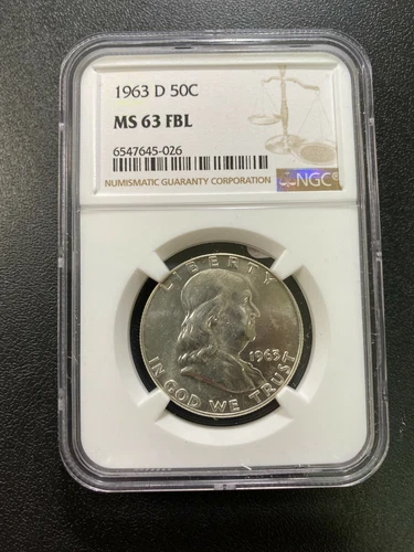 1963 D FRANKLIN HALF DOLLAR NGC MS-63 FBL - UNCIRCULATED - CERTIFIED SLAB - 50C