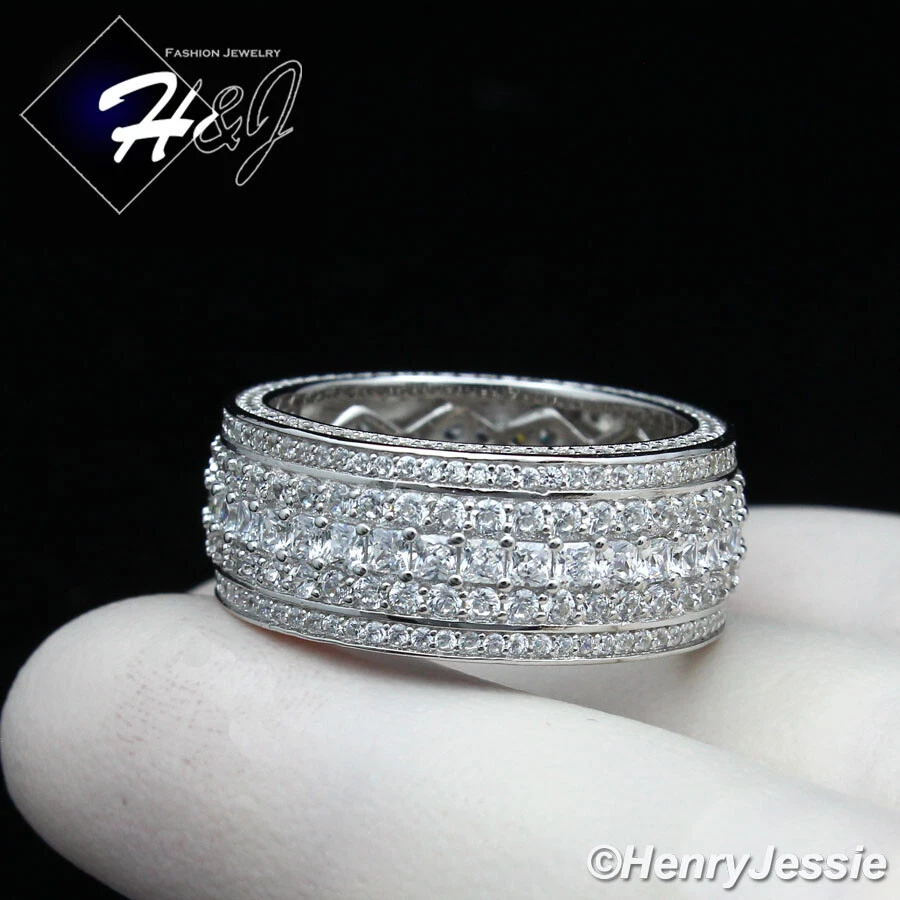 ANILLO ALIANZA DE BODA HOMBRE PLATA ESTERLINA 925 SÓLIDA COMPLETAMENTE HELADO BLING CIRCONITA CÚBICA 10 MM*SR119 Foto 2 de 4