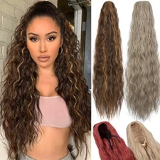 Women Long Clip Ponytail Drastring Pony Tail Hair Extension Corn Wave Highlight