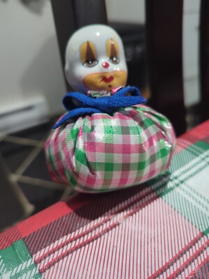 Vintage Childrens Clown Toy Roly Poly Wobble Rattle Red Blue Circus Carnival