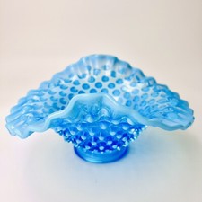 Vintage Fenton Glass Blue Opalescent Hobnail Ruffled Bowl