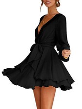 Fashionable and Versatile Women's Dress with Deep V-Neck and Waist Tie