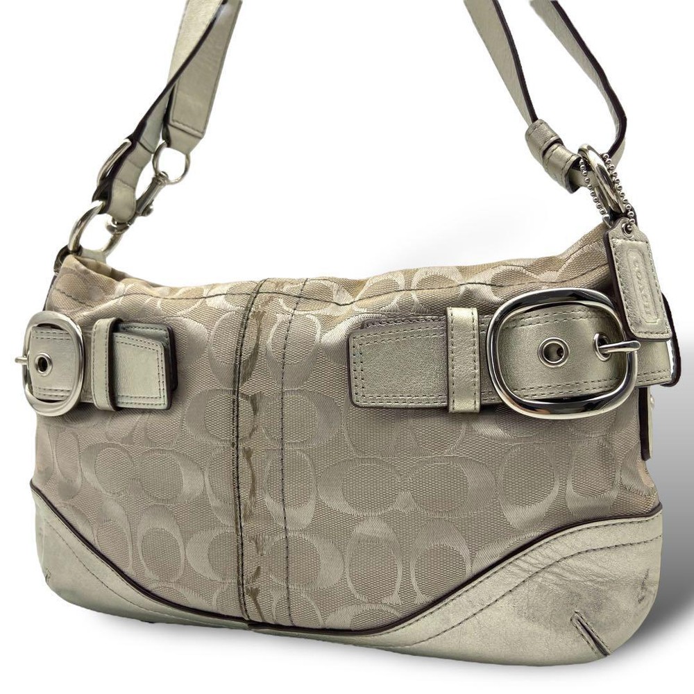 Coach Canvas Leather Shoulder Bag Auth Silver Medium Women Used JPN 13015