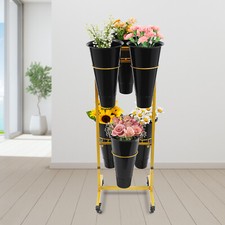 Gold Flower Display Stand Black 6PCS Buckets 2-Layer Steel Plant Stand w/ Wheels