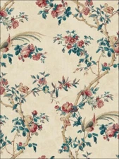 Wallpaper Traditional Jacobean Floral with Birds, Teal Pink Red , 60 sq ft bolt