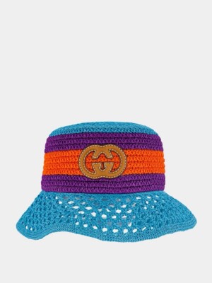 即納!GUCCI ラフィア エフェクト バケットハット NWT GUCCI Gg-Logo Striped Faux-Raffia Hat $750 SZ M Bucket