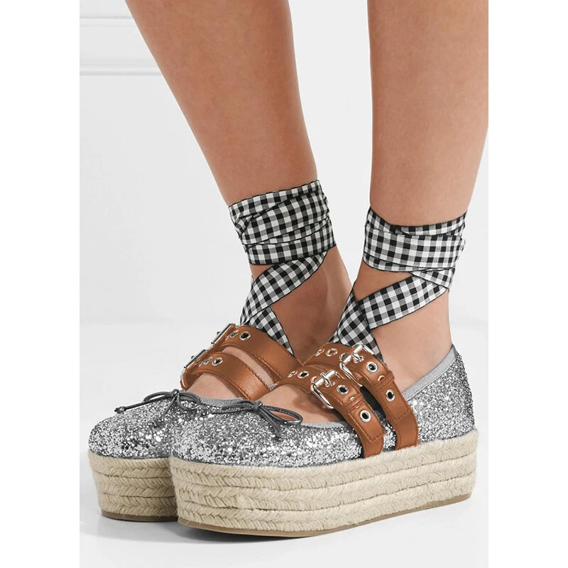 Miu Miu — sz 41 NEW MIU MIU Silver Glitter Lace-Up Espadrille PLATFORM BALLET FLATS US 11