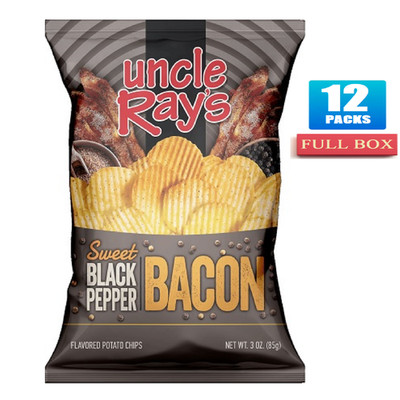 12x Bags Uncle Ray's Sweet Black Pepper Bacon Potato Chips - 3oz Each