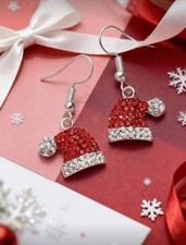 Rhinestone Santa Hat Christmas Dangle Earrings, Festive Holiday Drop Earrings
