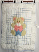 Vintage Dundee Baby Quilt Teddy Bear Applique Blue White Made USA 43x32