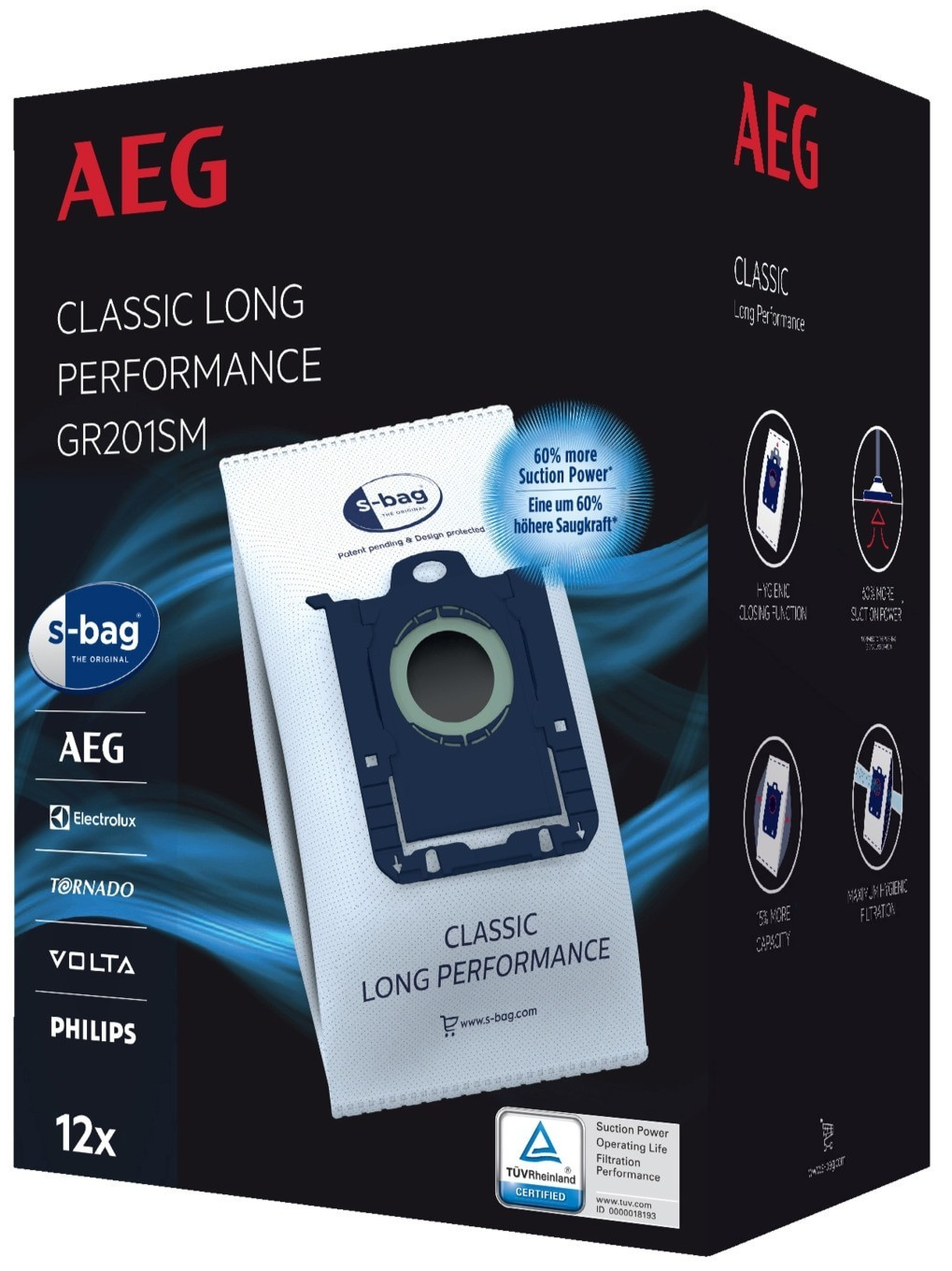 Aeg GR201SM s-bag Classic Long Performance Value Pack, 12 Hoover Bags 9001688242