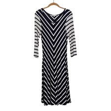 Spense A-Line Dress 8 Navy Blue Chevron Striped V-Neck 3/4 Sleeve Nautical