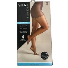 Silk Impressions Sheer Control Top Black Pantyhose XL High Waisted 4-Pair