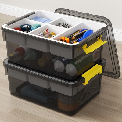 40Qt Stackable Storage Bins with Lids & Trays, Clear Plastic Latching Boxes O...