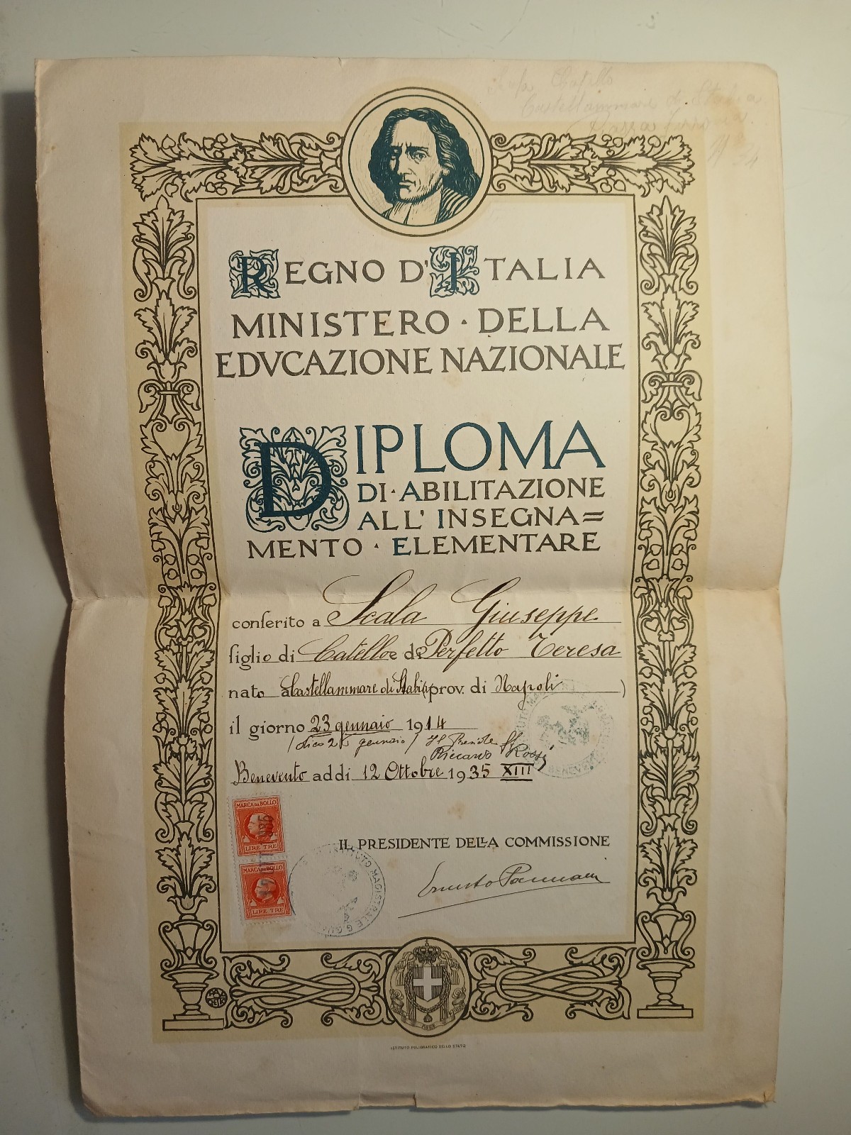Documento "DIPLOMA INSEGNAMENTO ELEMENTARE BENEVENTO 1935"